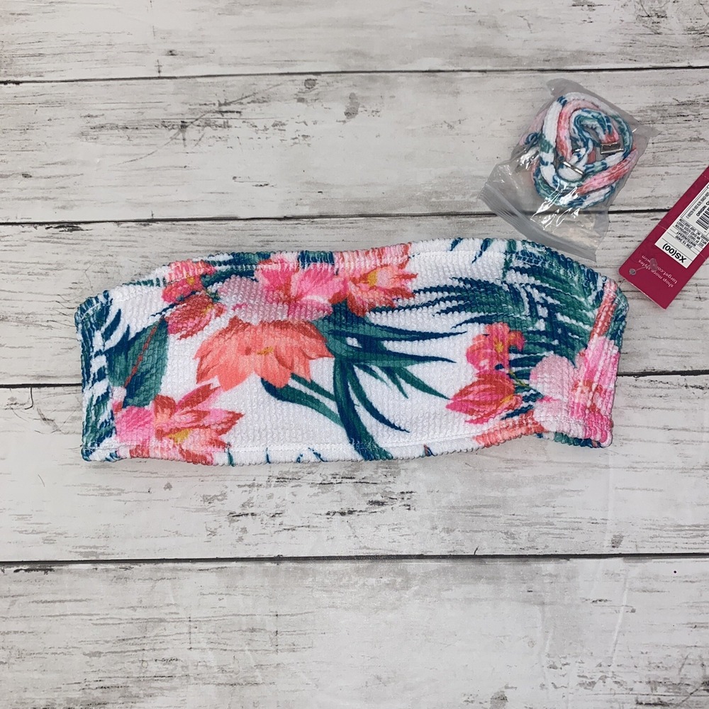 Xhilaration Bikini Top Womens XS White Pink Floral Bandeau NEW Swim XS